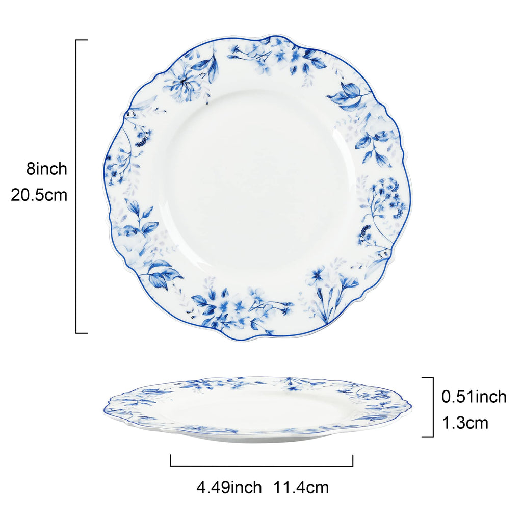 Elegant Light Blue Floral Porcelain Plates Set of 4 - 20.5cm