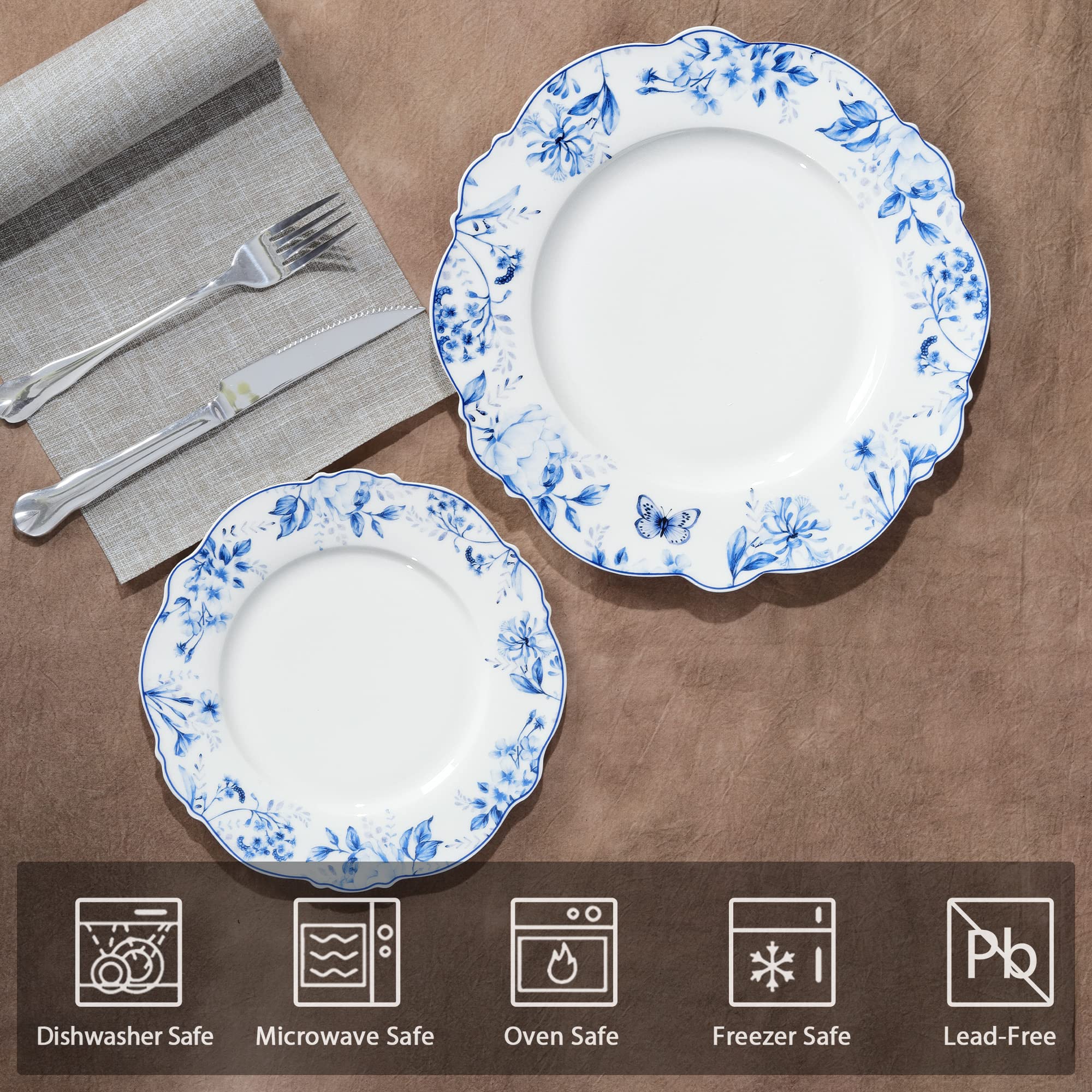 Elegant Light Blue Floral Porcelain Plates Set of 4 - 20.5cm