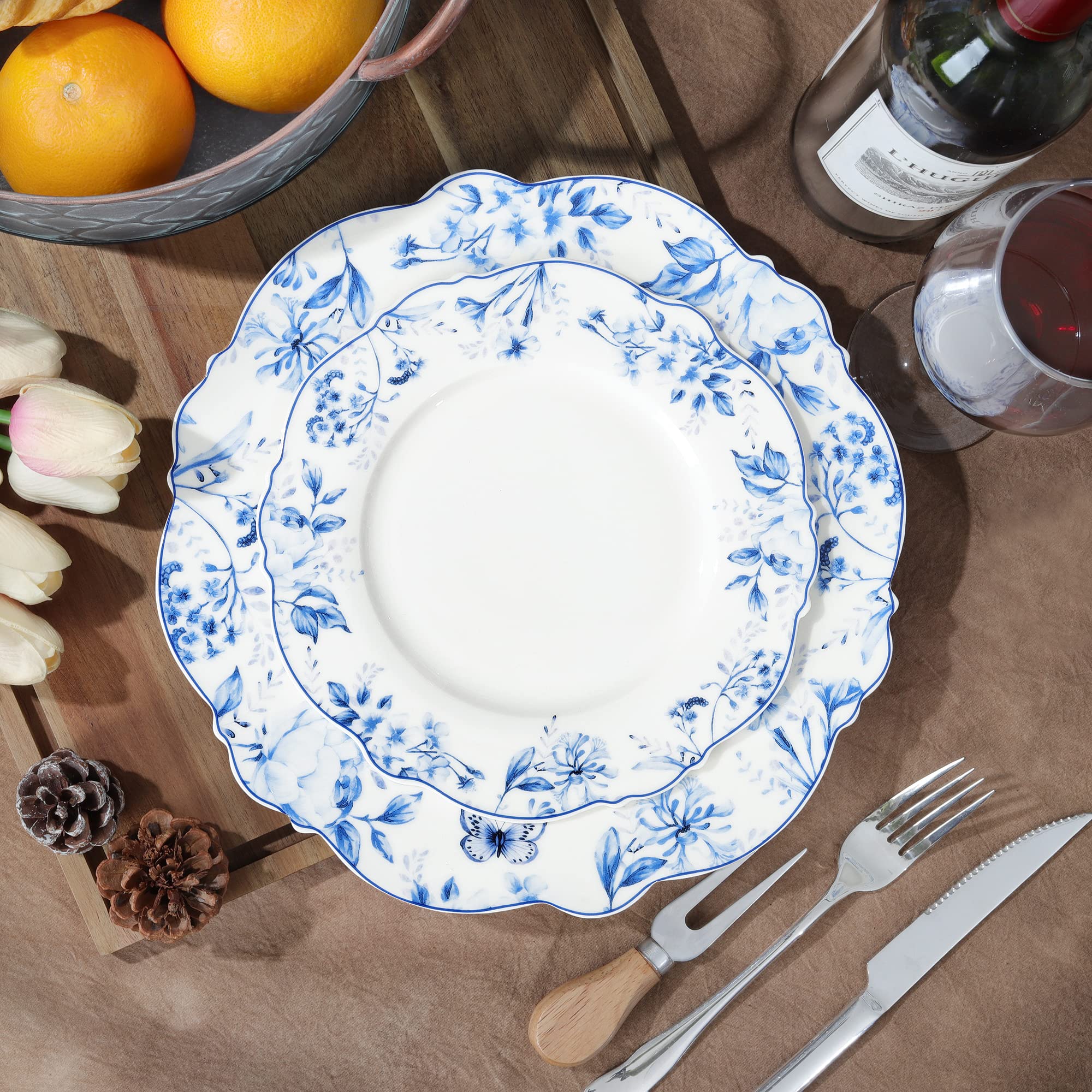 Elegant Light Blue Floral Porcelain Plates Set of 4 - 20.5cm